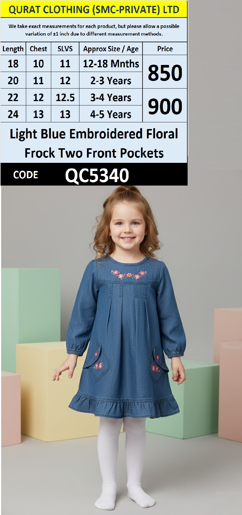 Light Blue Embroidered Floral Kids Frock with Two Front Pockets QC5340