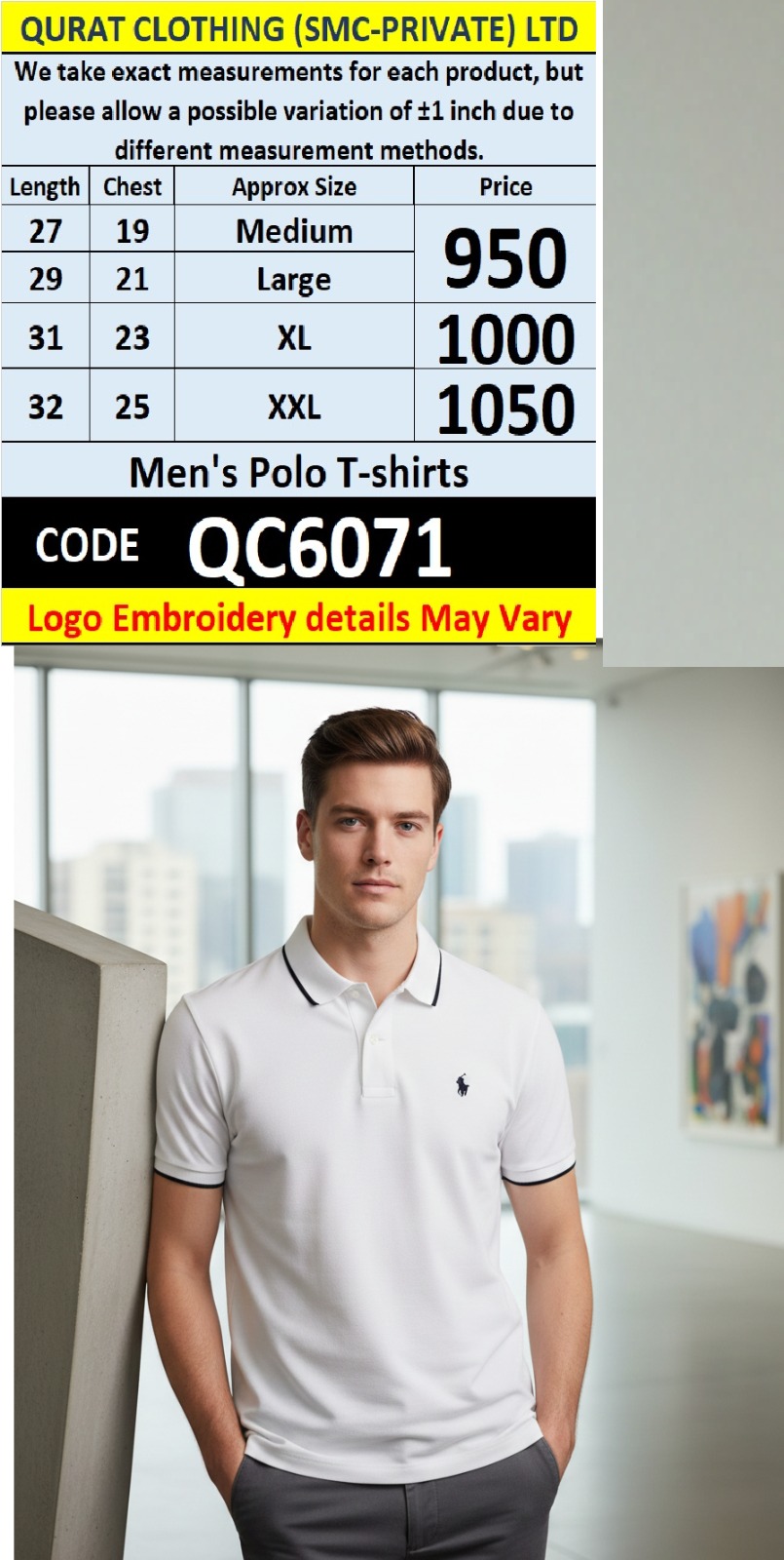 White Cotton Piqué Polo T-Shirt Contrast Collar Embroidered Logo – QC6071