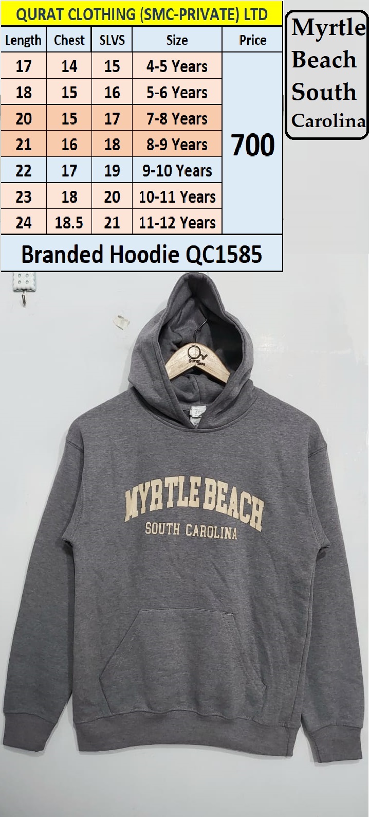Myrtle Beach Brand Grey Hoodie QC1585, Export South Carolina
