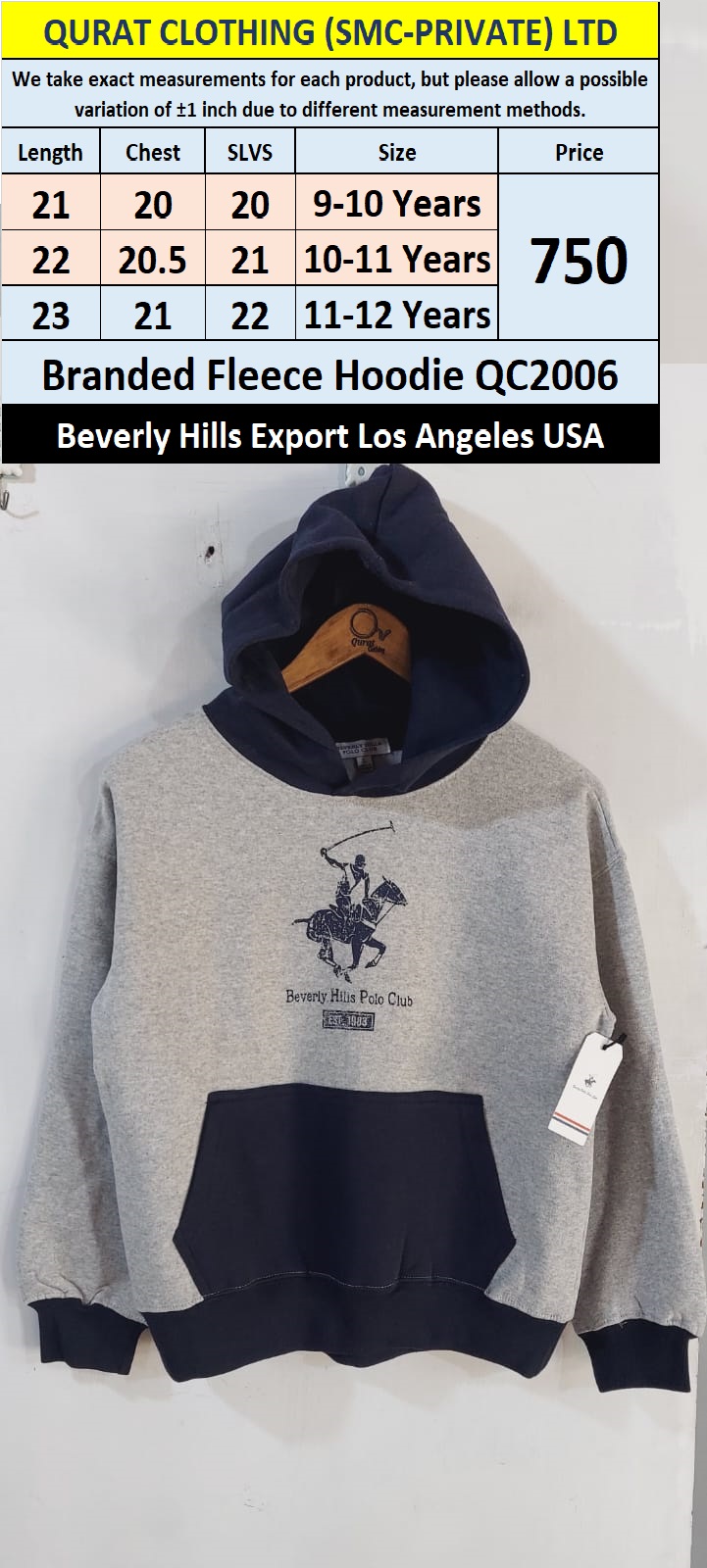Beverly Hills Brand Fleece Hoodie QC2006 Export Los Angeles USA