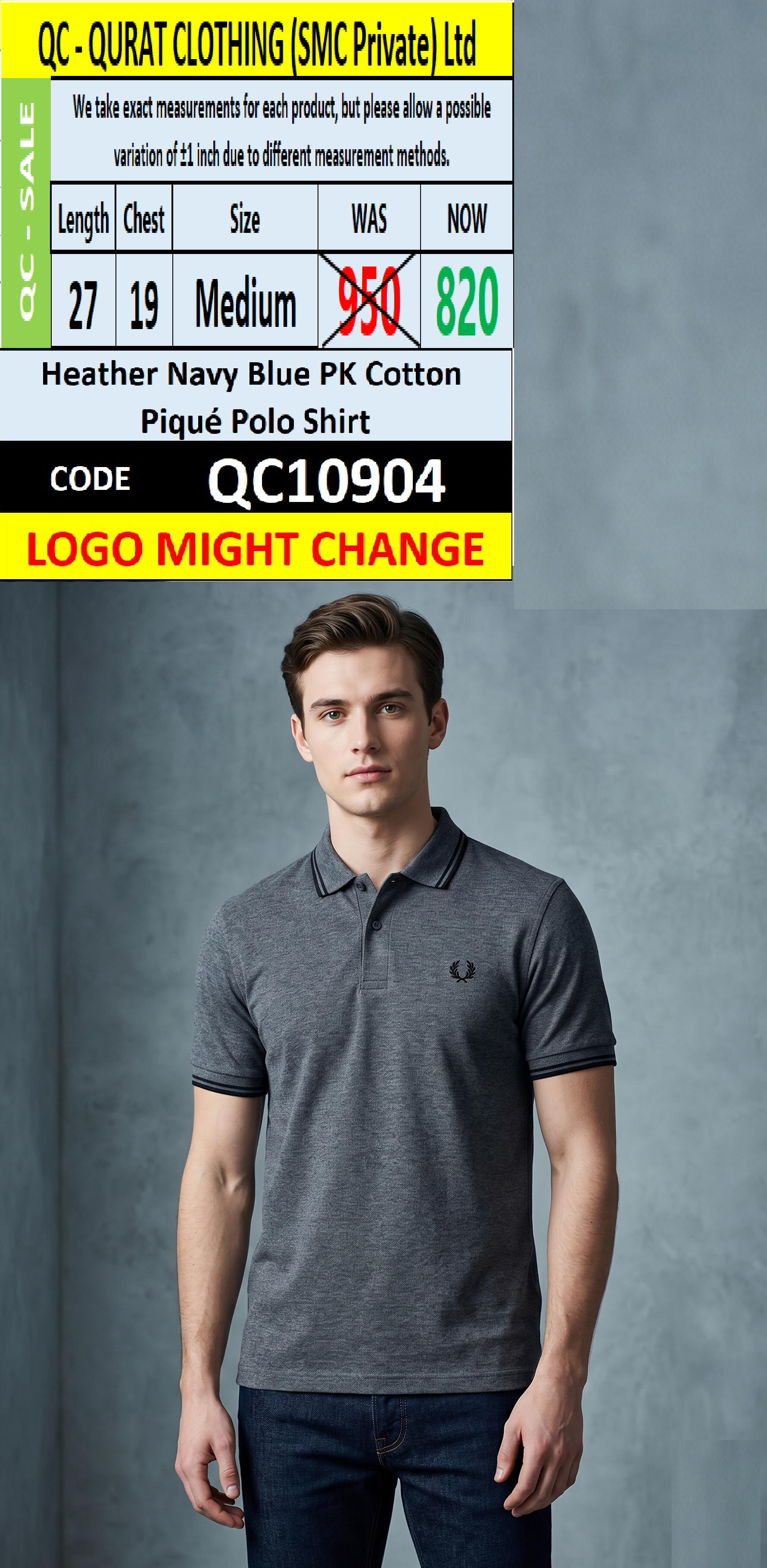 Heather Navy Blue PK Cotton Piqué Polo Shirt QC10904