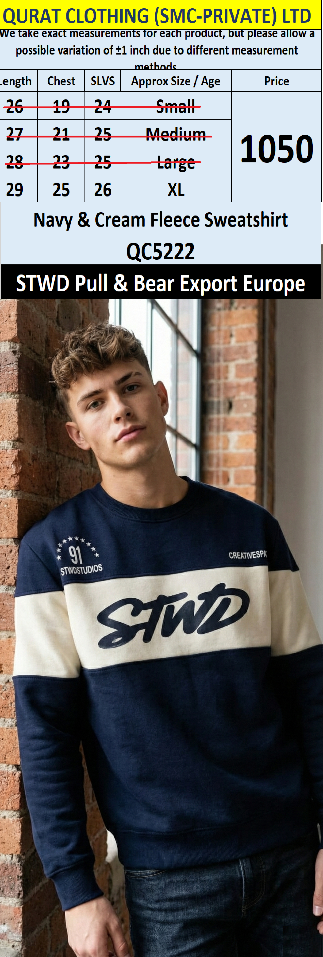 STWD Pull & Bear Navy & Cream Fleece Sweatshirt QC5222 – Export Europe