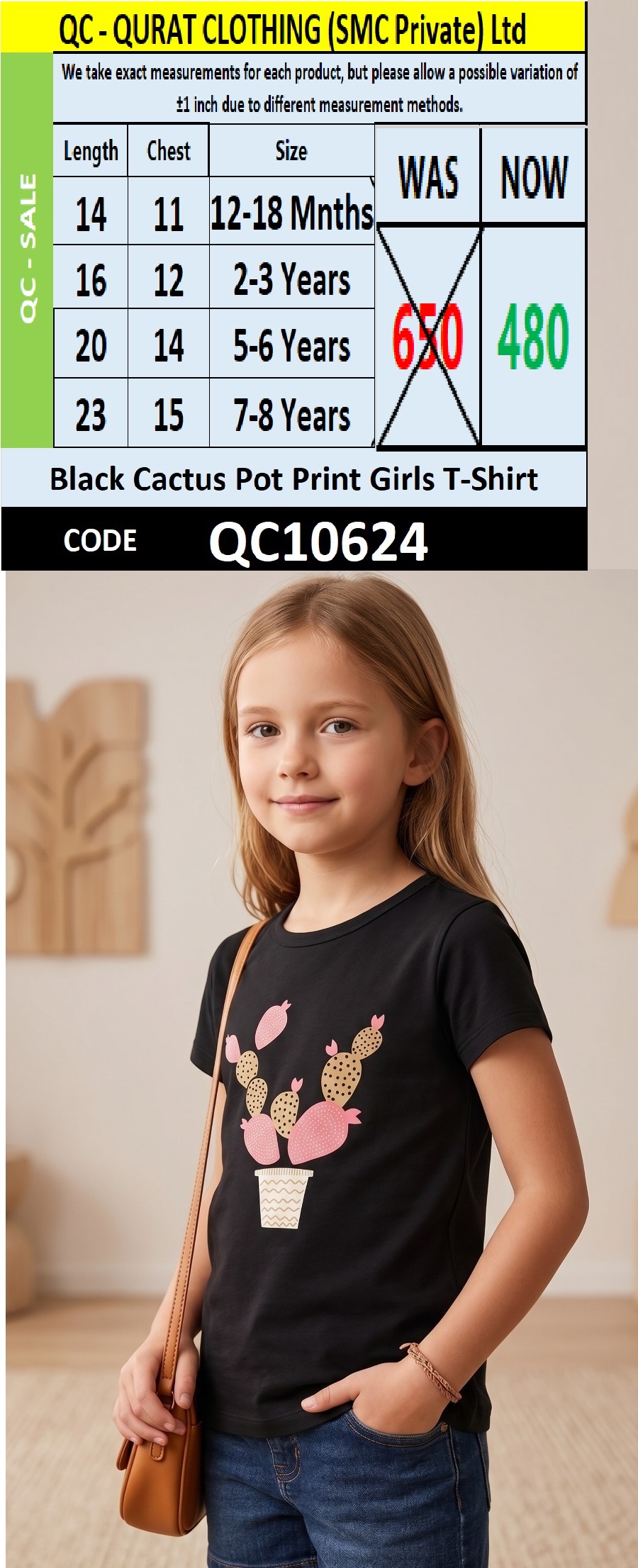 Black Cactus Pot Print Girls T-Shirt QC10624