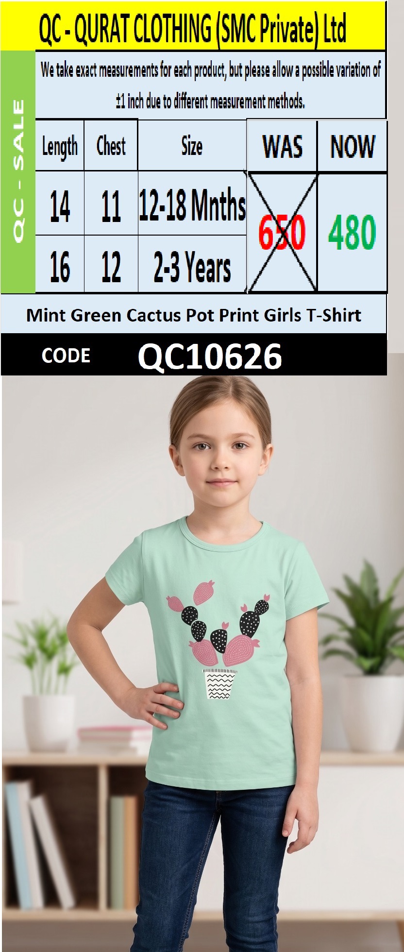 Mint Green Cactus Pot Print Girls T-Shirt QC10626