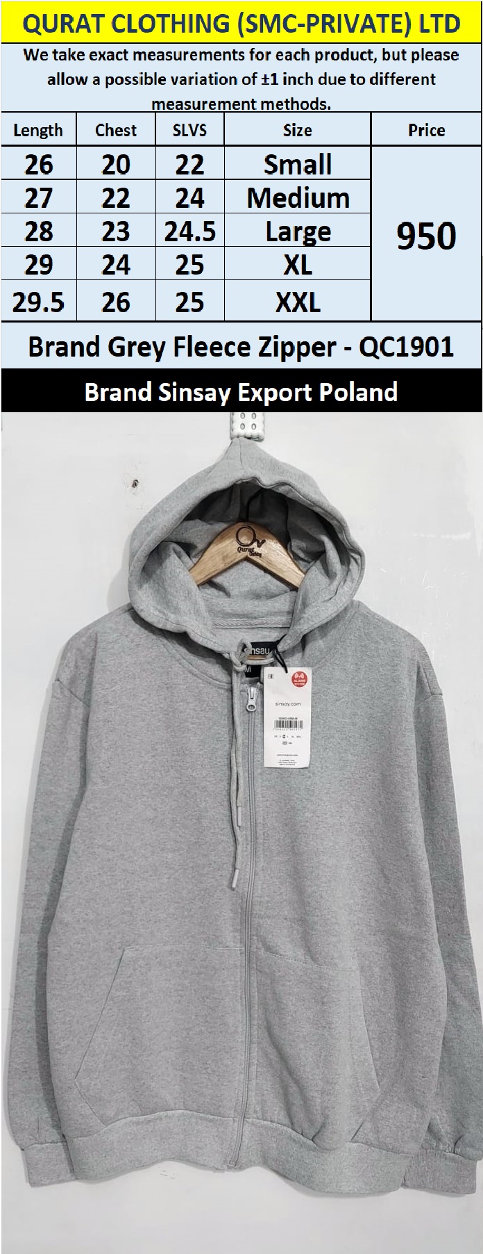Sinsay Brand Grey Fleece Zipper QC1901 Export Poland
