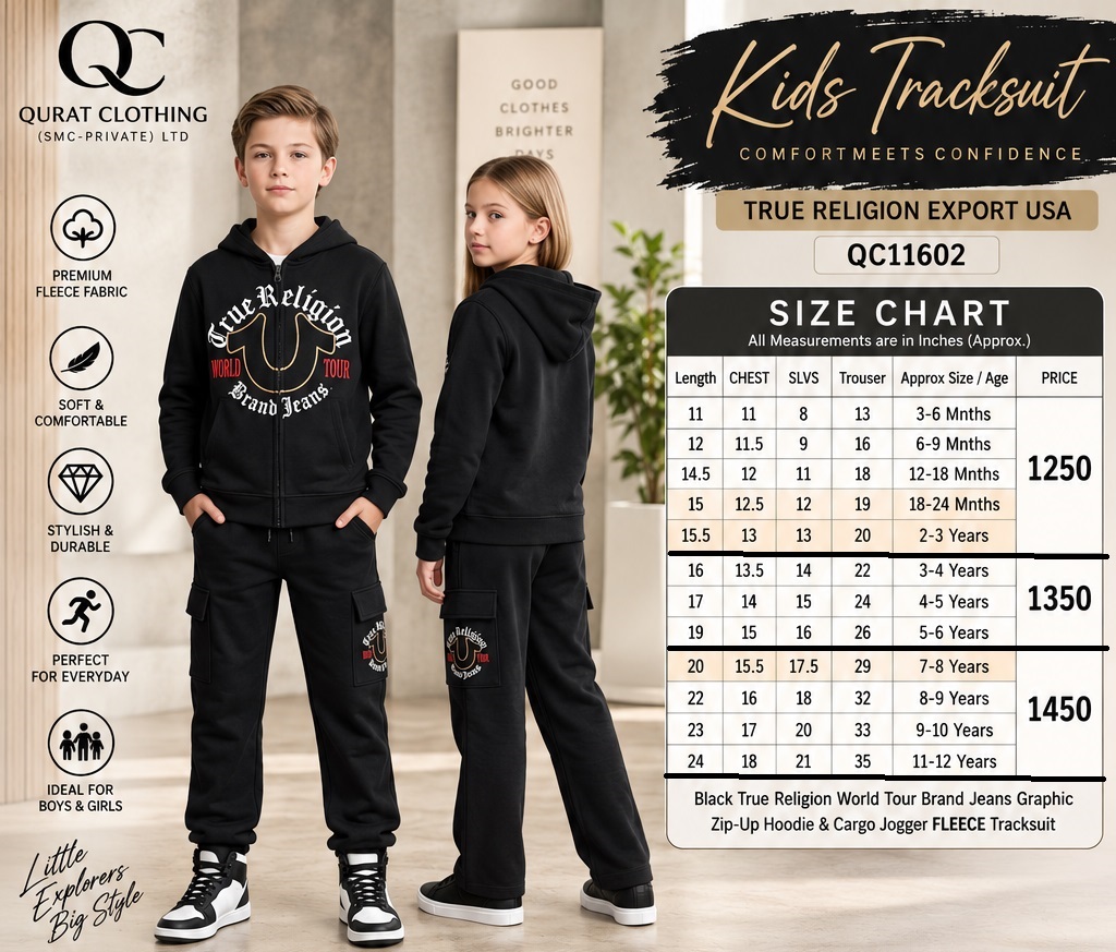 Black True Religion World Tour Brand Jeans Graphic Zip-Up Hoodie & Cargo Jogger FLEECE Tracksuit – Export USA QC11602 - QC11602
