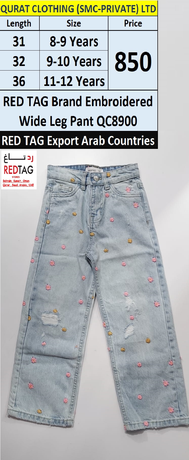 RED TAG Brand Embroidered Wide Leg Pant QC8900 Export Arab Countries