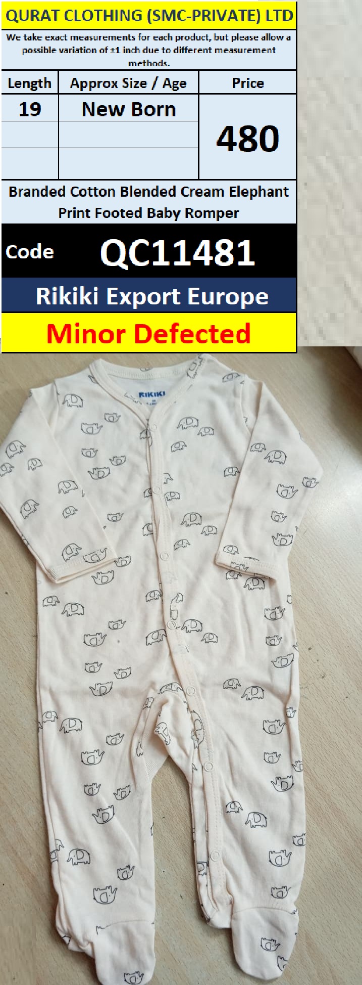 Rikiki Export Europe Branded Cotton Blended Cream Elephant Print Footed Baby Romper – Newborn – QC11481 – Minor Defected