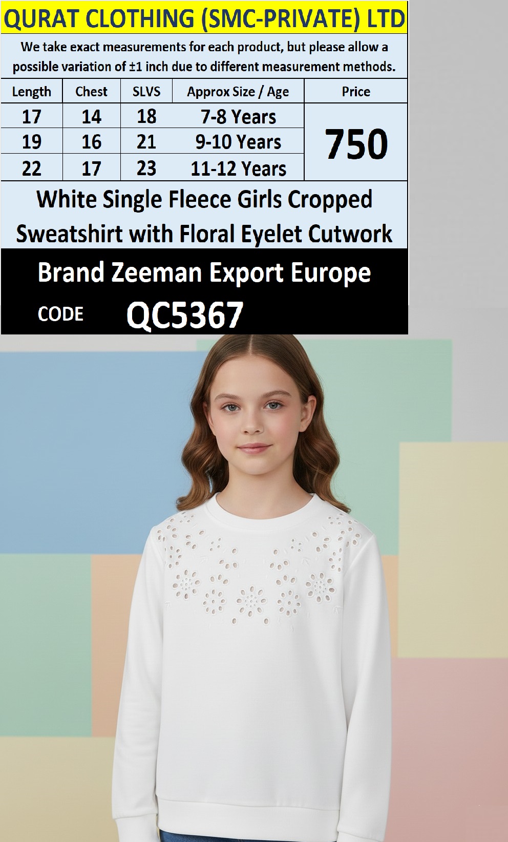 White Single Fleece Girls Cropped Sweatshirt with Floral Eyelet Cutwork QC5367 | Zeeman Export Europe