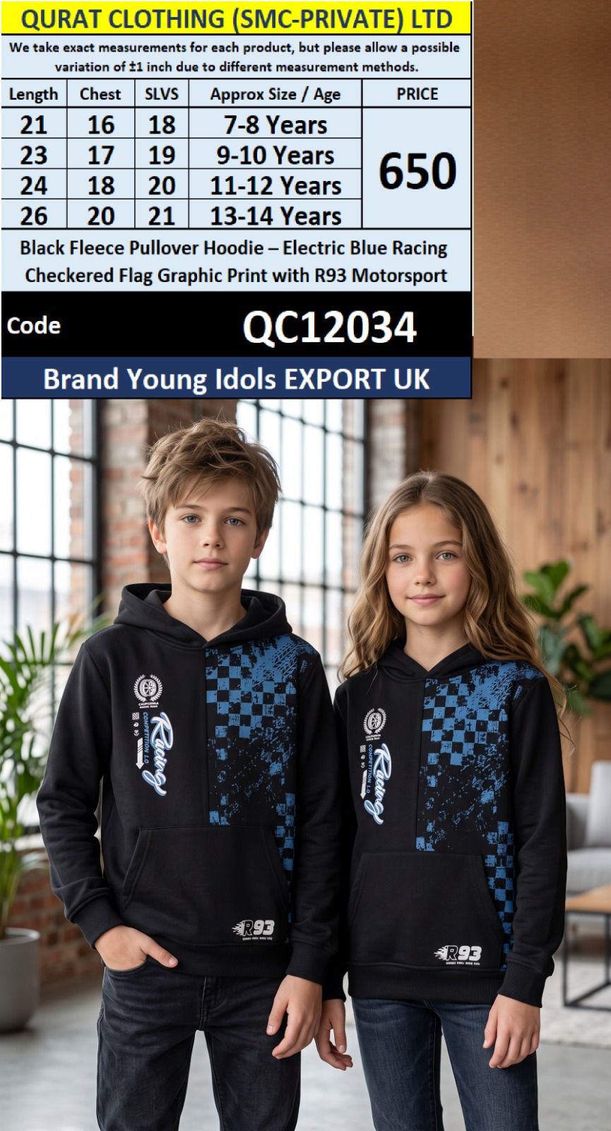 Black Fleece Pullover Hoodie – Electric Blue Racing Checkered Flag Graphic Print with R93 Motorsport – Young Idols Export UK – QC12034