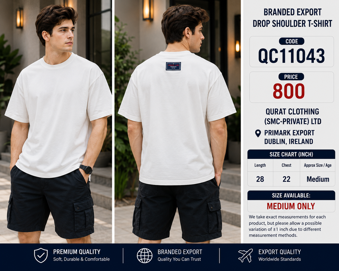 White Plain Branded Export Drop Shoulder T-Shirt QC11043 – Primark Export Dublin Ireland