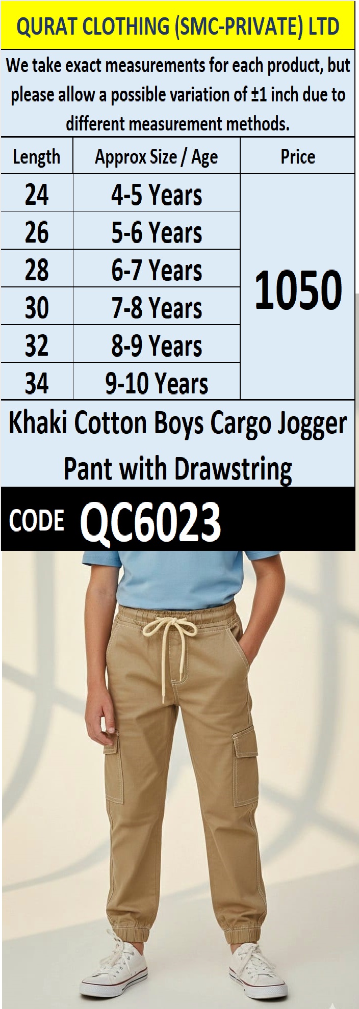 Khaki Cotton Boys Cargo Jogger Pant with Drawstring – QC6023