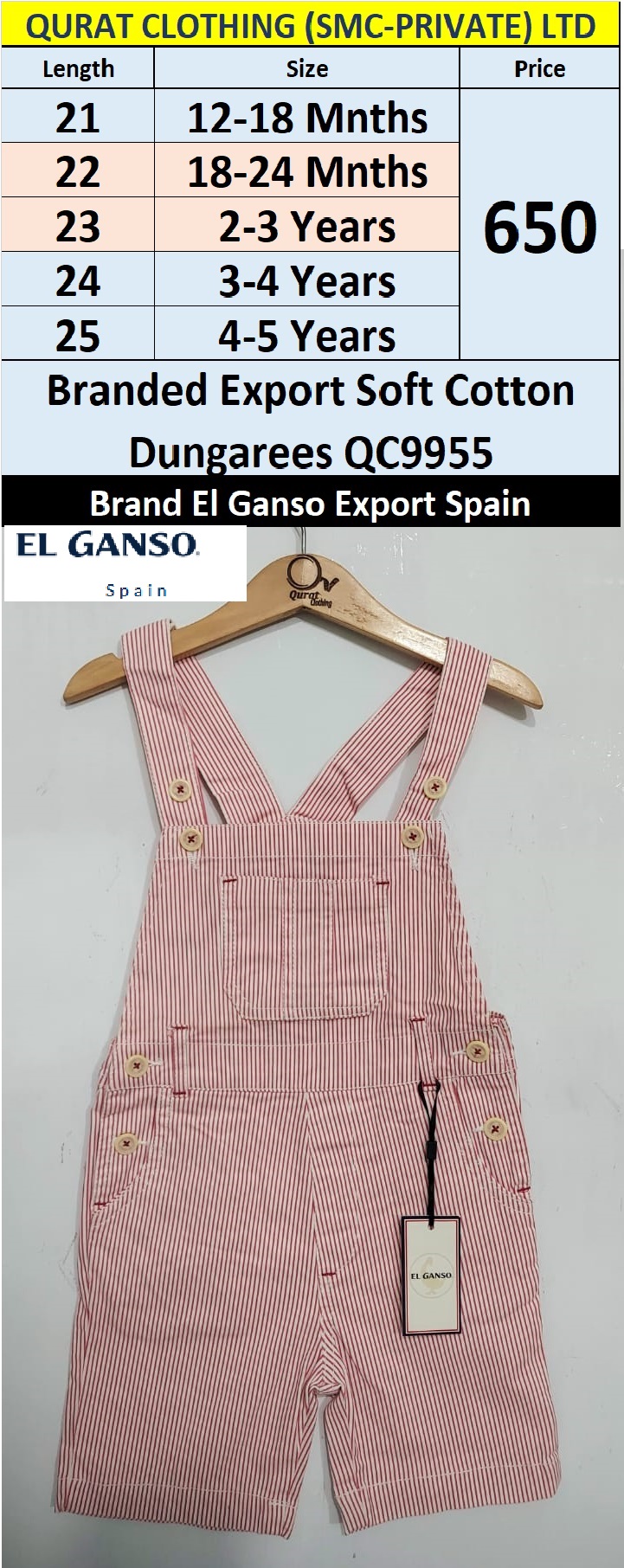 Unisex Branded Export Soft Cotton Dungaree / Romper QC9955 Brand El Ganso