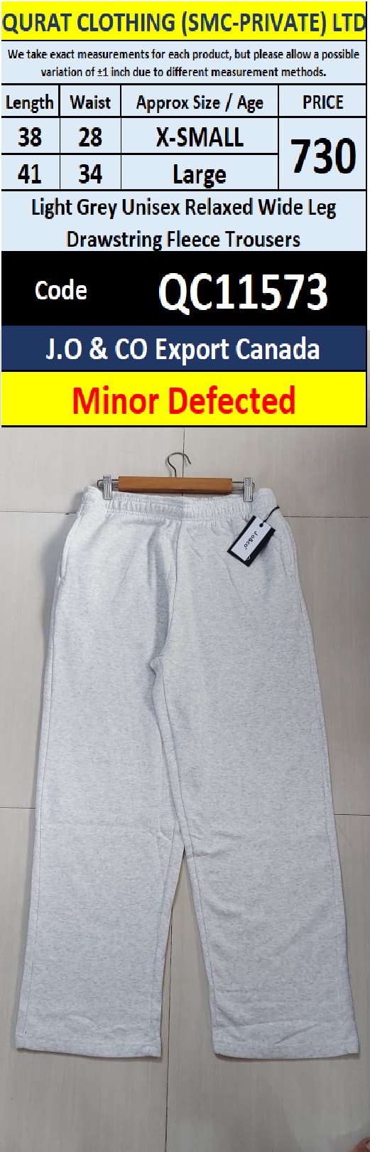 Light Grey Unisex Relaxed Wide Leg Drawstring Fleece Trousers – J.O & CO Export Canada – Minor Defected – QC11573