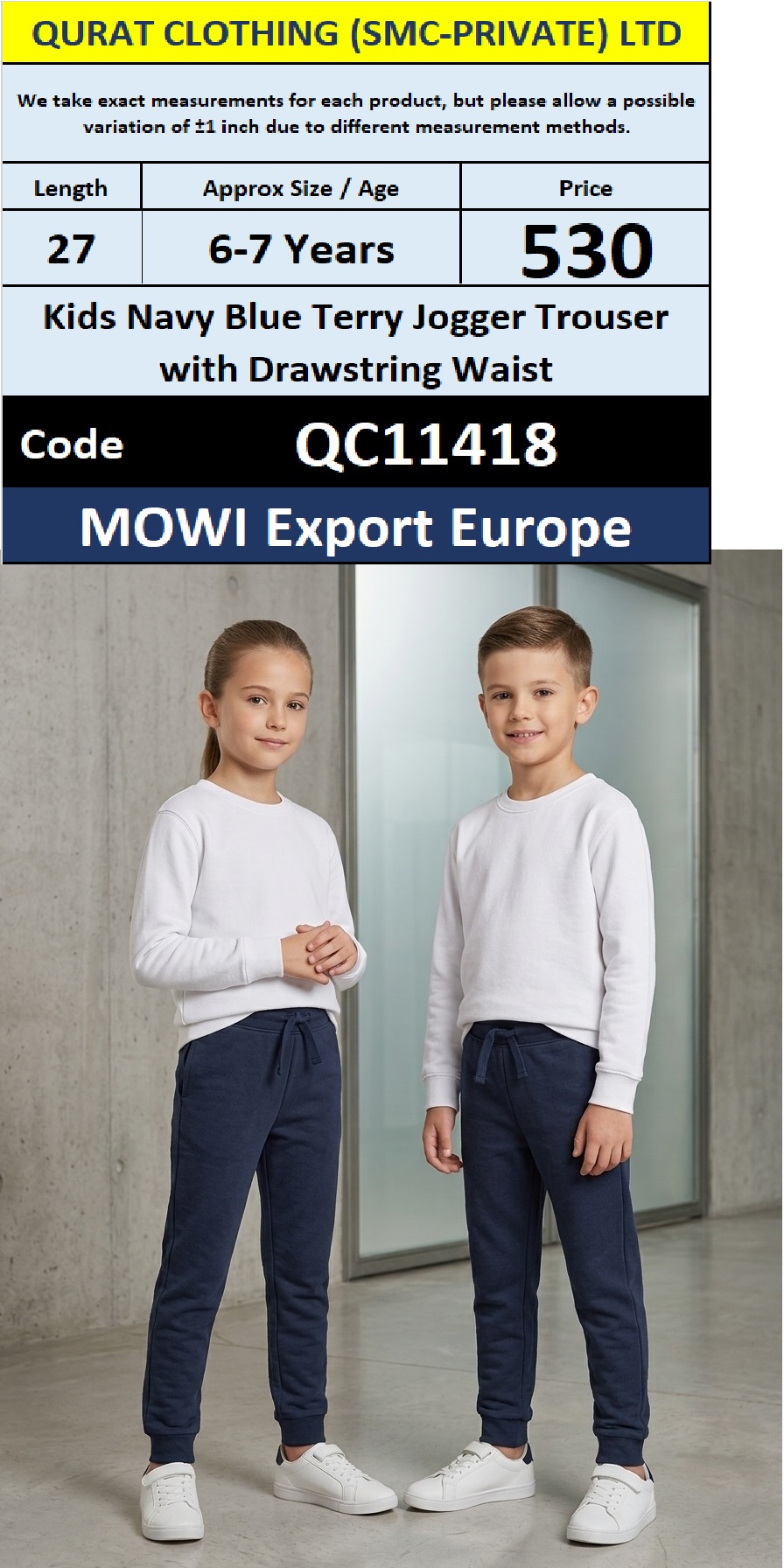 MOWI Export Europe Kids Navy Blue Terry Jogger Trouser with Drawstring Waist – QC11418