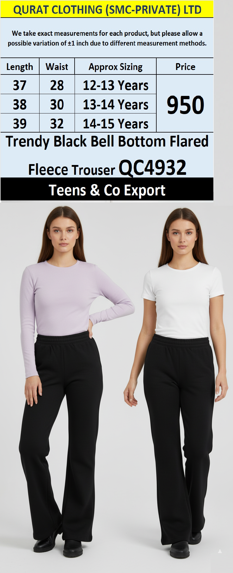 Teens & Co Black Bell Bottom Fleece Trouser QC4932 – Export Europe