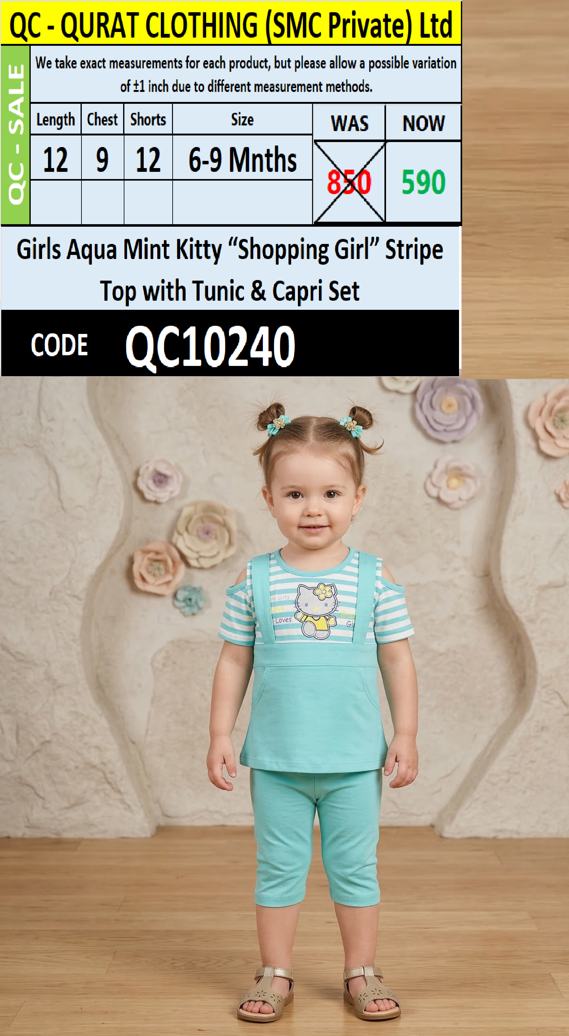 Girls Aqua Mint Kitty “Shopping Girl” Stripe Top with Tunic & Capri Set – QC10240
