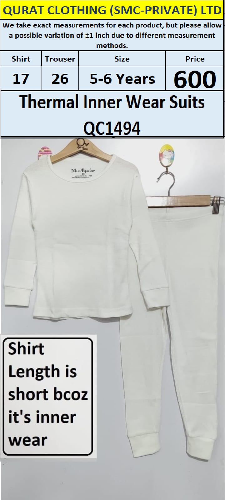 White Thermal Inner Wear Suits QC1494