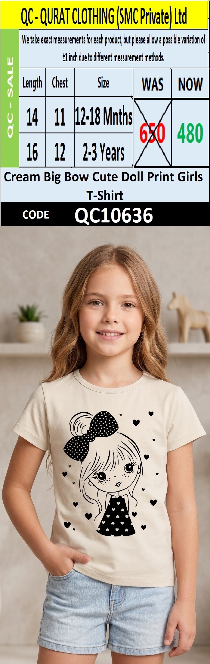 Cream Big Bow Cute Doll Print Girls T-Shirt QC10636