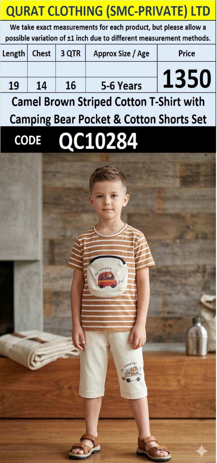 Camel Brown Striped Cotton T-Shirt with Camping Bear Pocket & Cotton Shorts Set QC10284