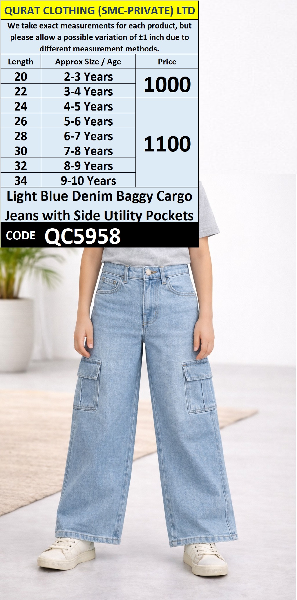 Light Blue Cotton Denim Baggy Cargo Jeans with Side Utility Pockets – QC5958
