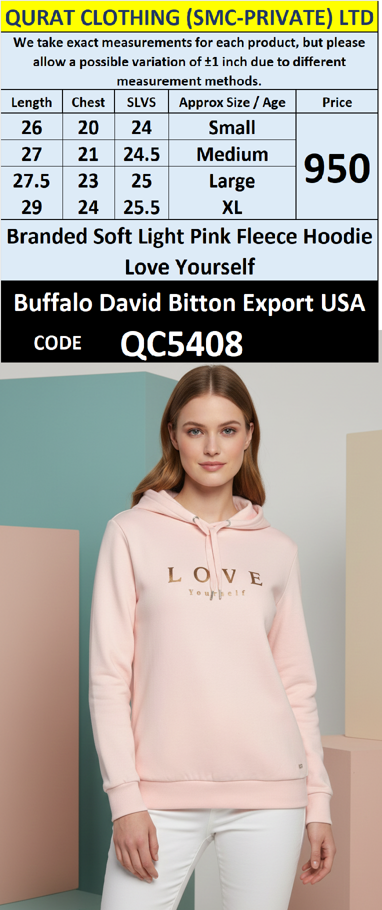 Buffalo David Bitton Light Pink Fleece Hoodie LOVE Yourself QC5408 – Export USA