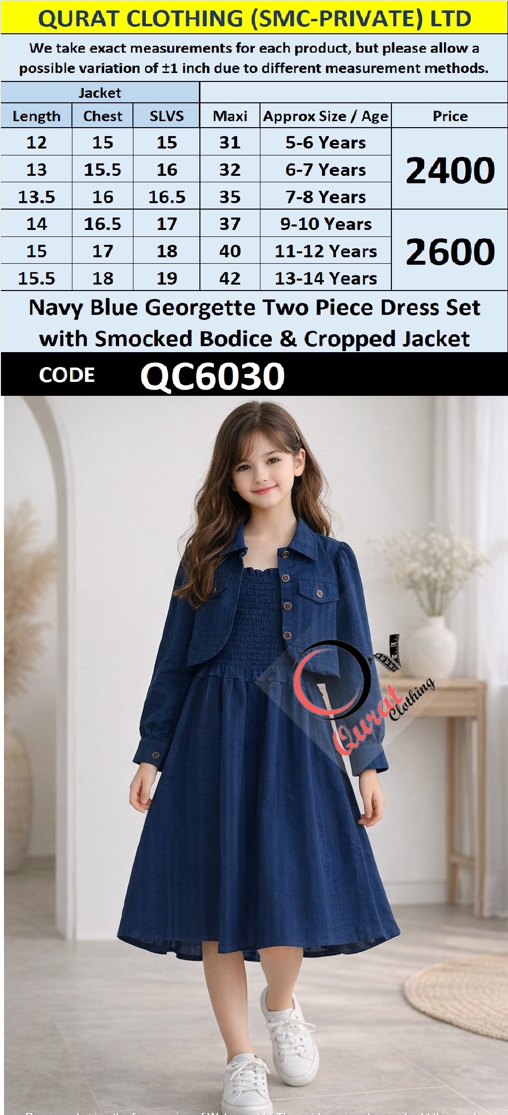 Navy Blue Georgette Two Piece Dress Set with Smocked Bodice & Cropped Jacket – QC6030