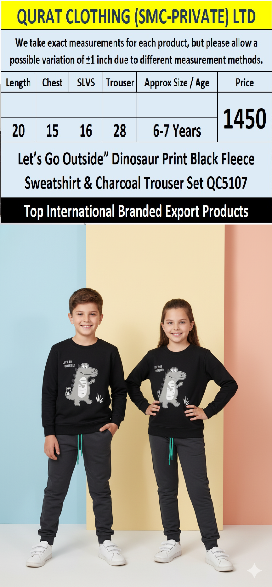 “Let’s Go Outside” Dinosaur Print Black Fleece Sweatshirt & Charcoal Trouser Set QC5107 – Top International Branded Export Product - QC5107