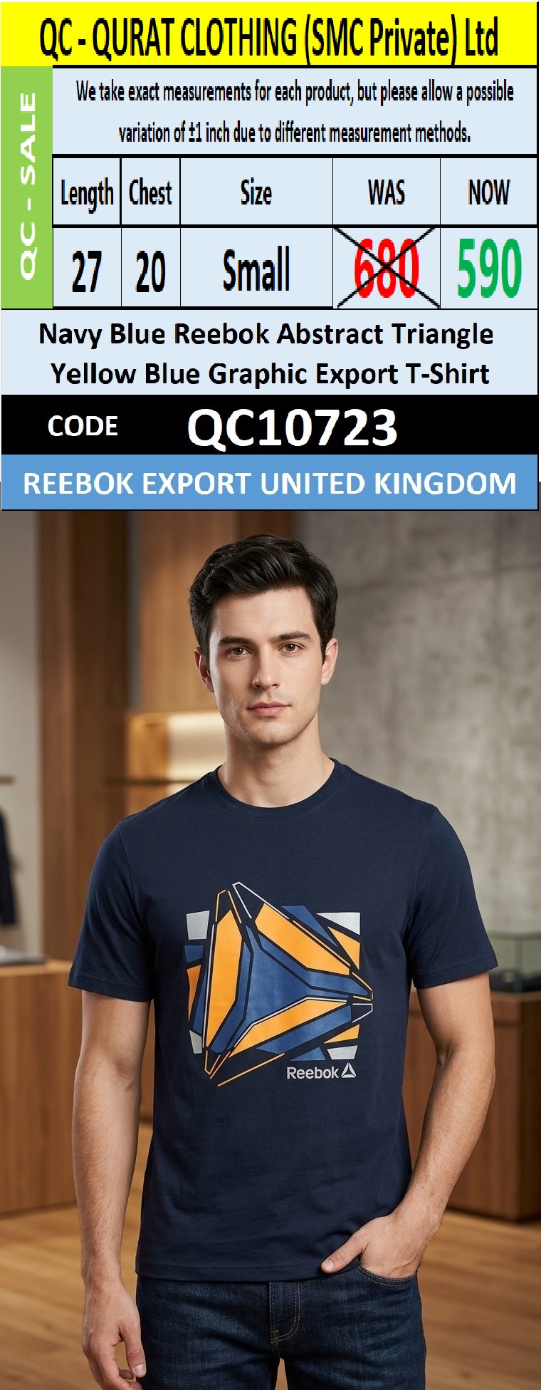 Navy Blue Reebok Abstract Triangle Yellow Blue Graphic Export T-Shirt QC10723