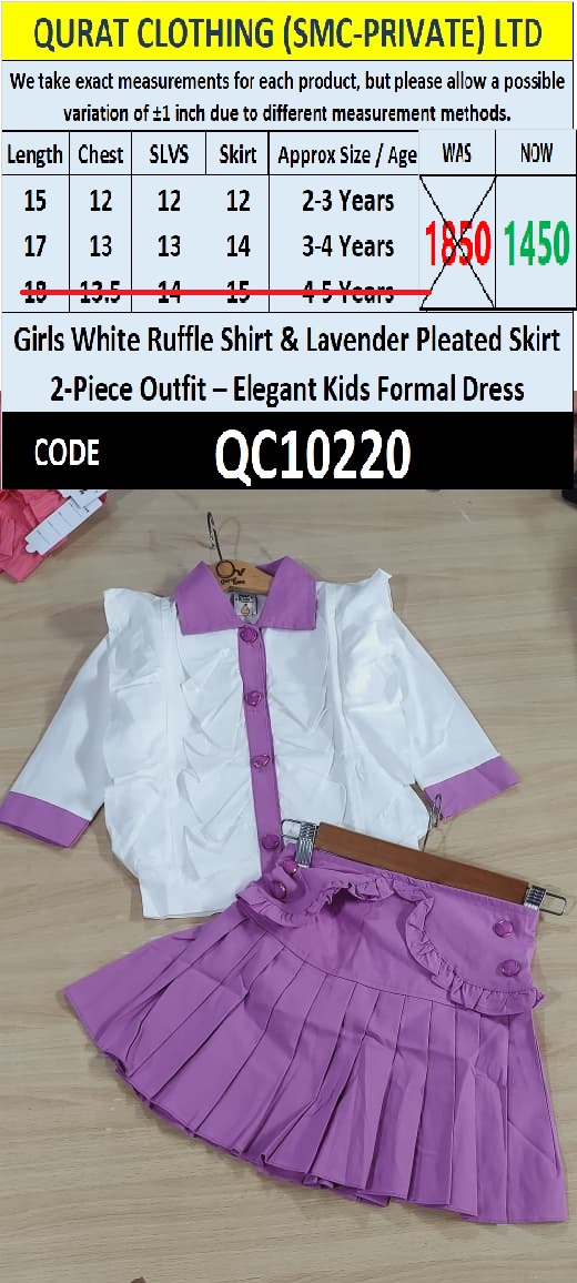 Girls White Ruffle Shirt & Lavender Pleated Skirt 2-Piece Outfit – Elegant Kids Formal Dress – QC10220 - QC10220