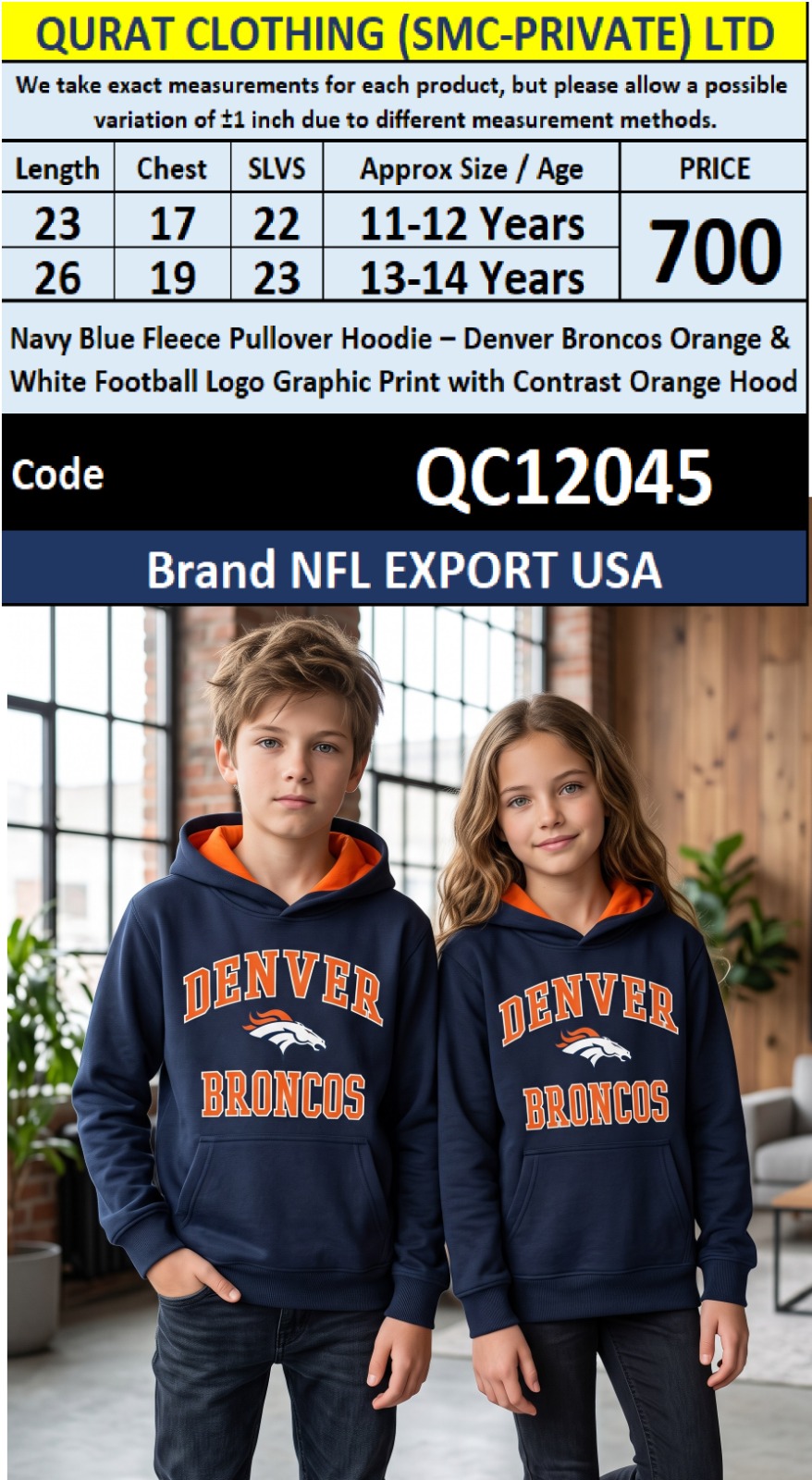 Navy Blue Fleece Pullover Hoodie – Denver Broncos Orange & White Football Logo Graphic Print with Contrast Orange Hood – NFL Export USA – QC12045