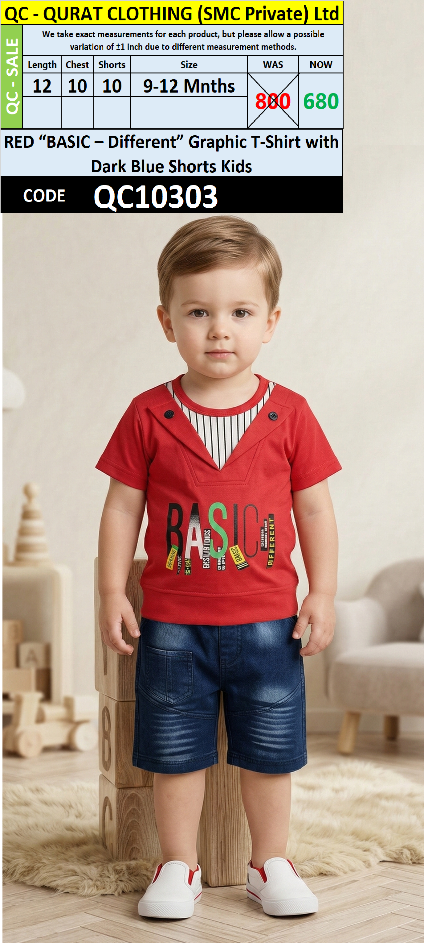 RED “BASIC – Different” Graphic T-Shirt with Dark Blue Shorts Kids – QC10303