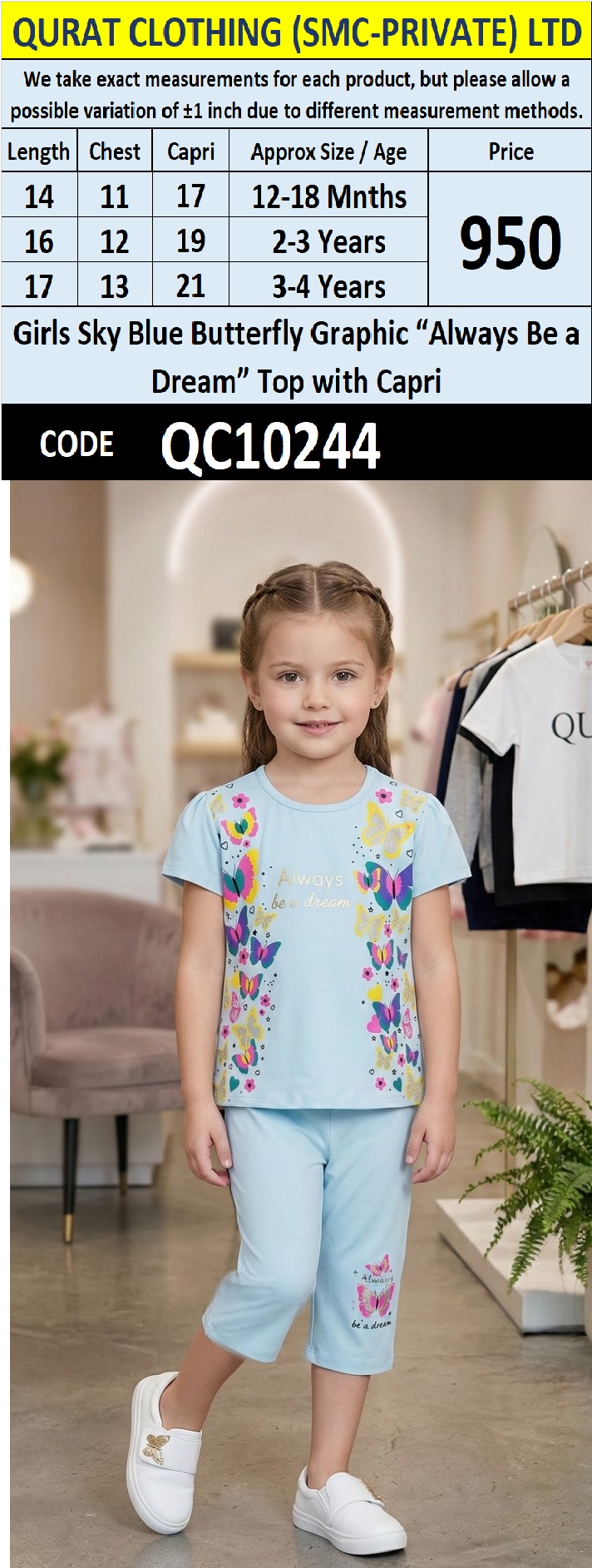 Girls Sky Blue Butterfly Graphic “Always Be a Dream” Top with Capri – QC10244