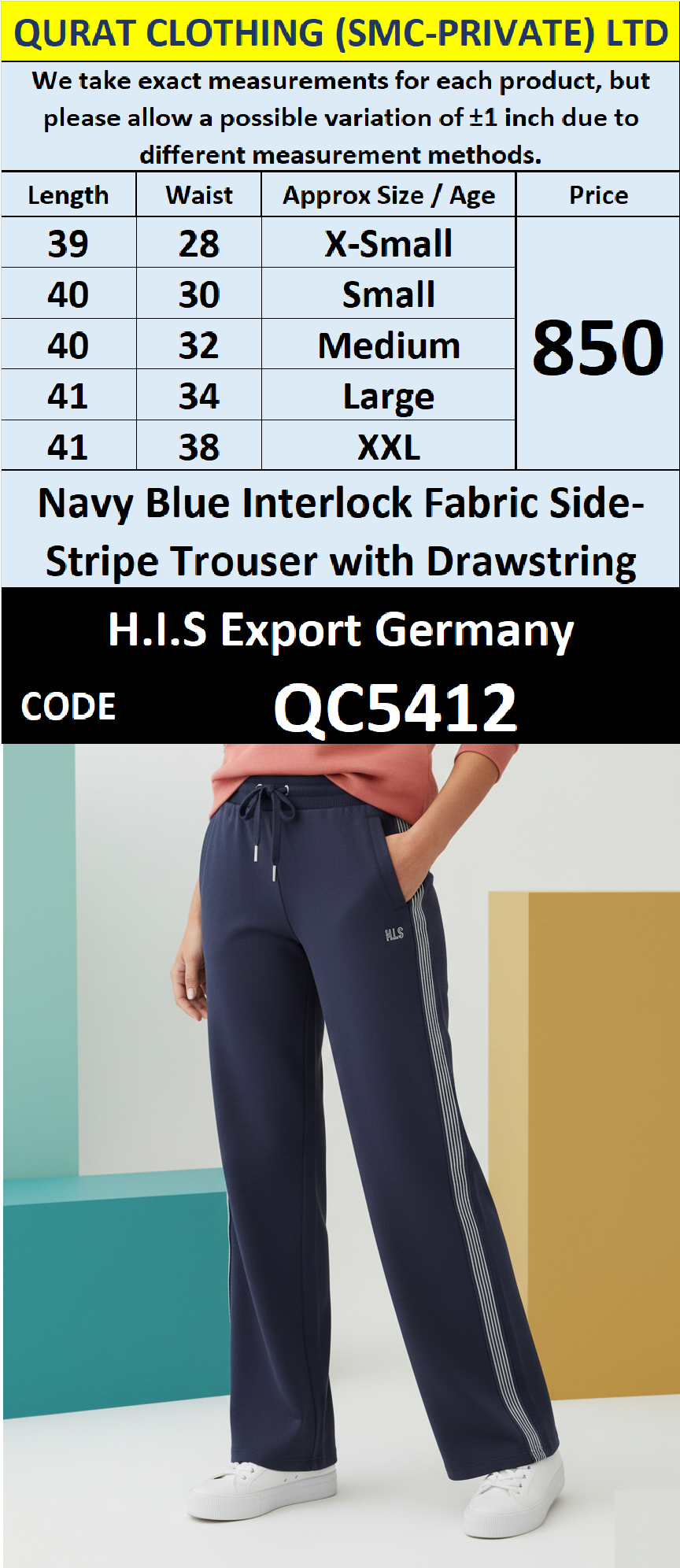 Navy Blue Interlock Side-Stripe Trouser with Drawstring Waist and H.I.S Logo QC5412 – Export Germany