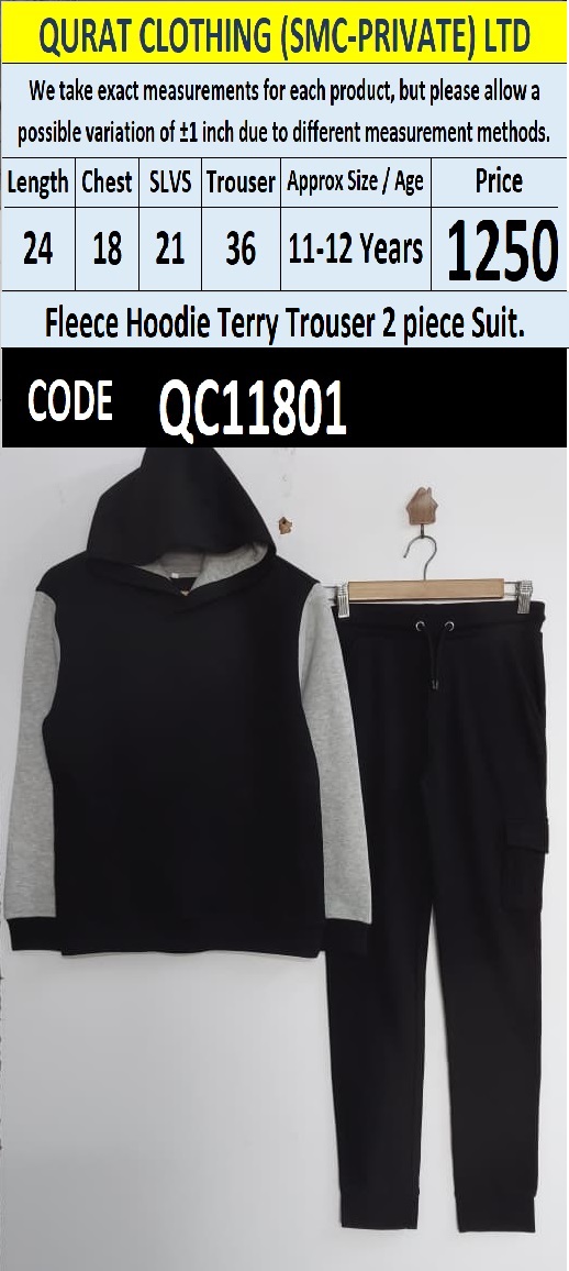 Black and Grey Fleece Hoodie and Terry Trouser 2 Piece Suit with Contrast Sleeves — QC11801
