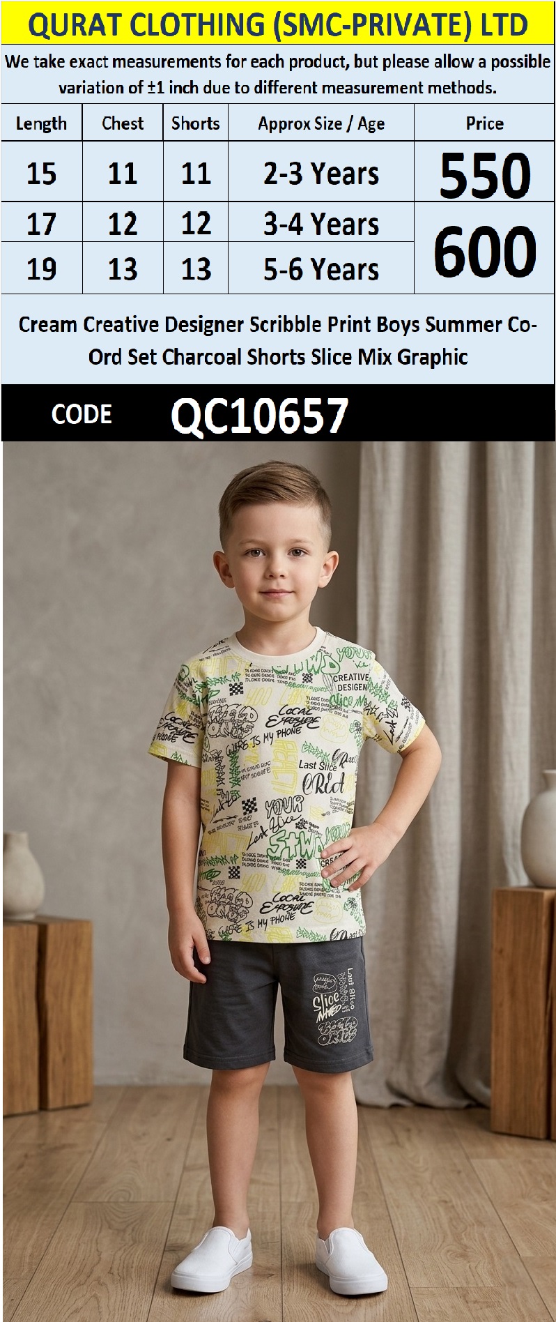 Cream Creative Designer Scribble Print Boys Summer Co-Ord Set Charcoal Shorts Slice Mix Graphic QC10657