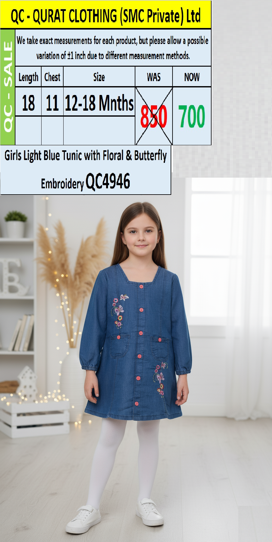 Girls Light Blue Denim Tunic with Floral & Butterfly Embroidery Top QC4946