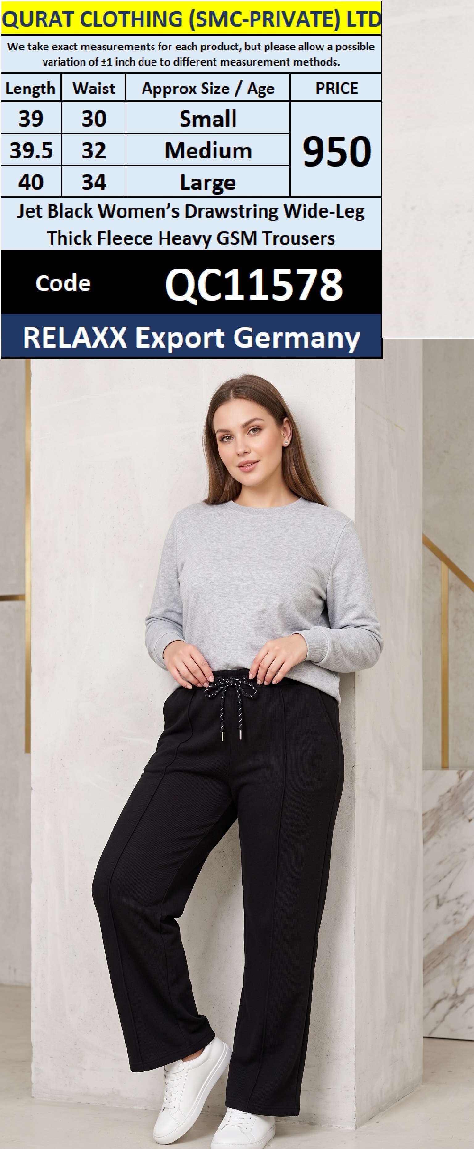 Jet Black Women’s Drawstring Wide-Leg Thick Fleece Heavy GSM Trousers – RELAXX Export Germany – QC11578
