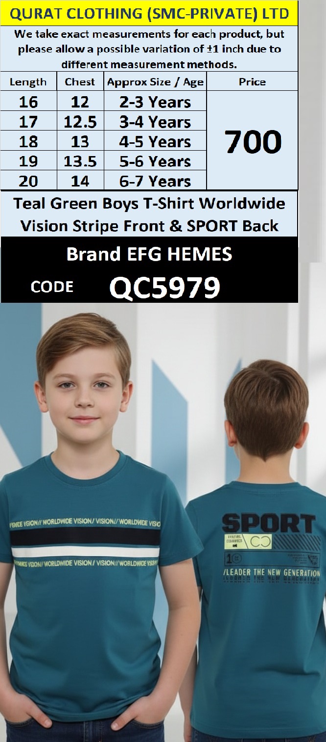 Teal Green Cotton Blended T-Shirt WORLDWIDE VISION Stripe Front & SPORT Back Printed Graphic – Kids Casual Tee – QC5979