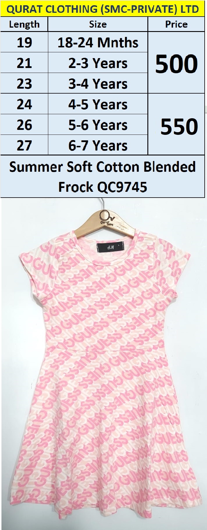 Summer Soft Cotton Blended Pink Guess Print FROCK QC9745