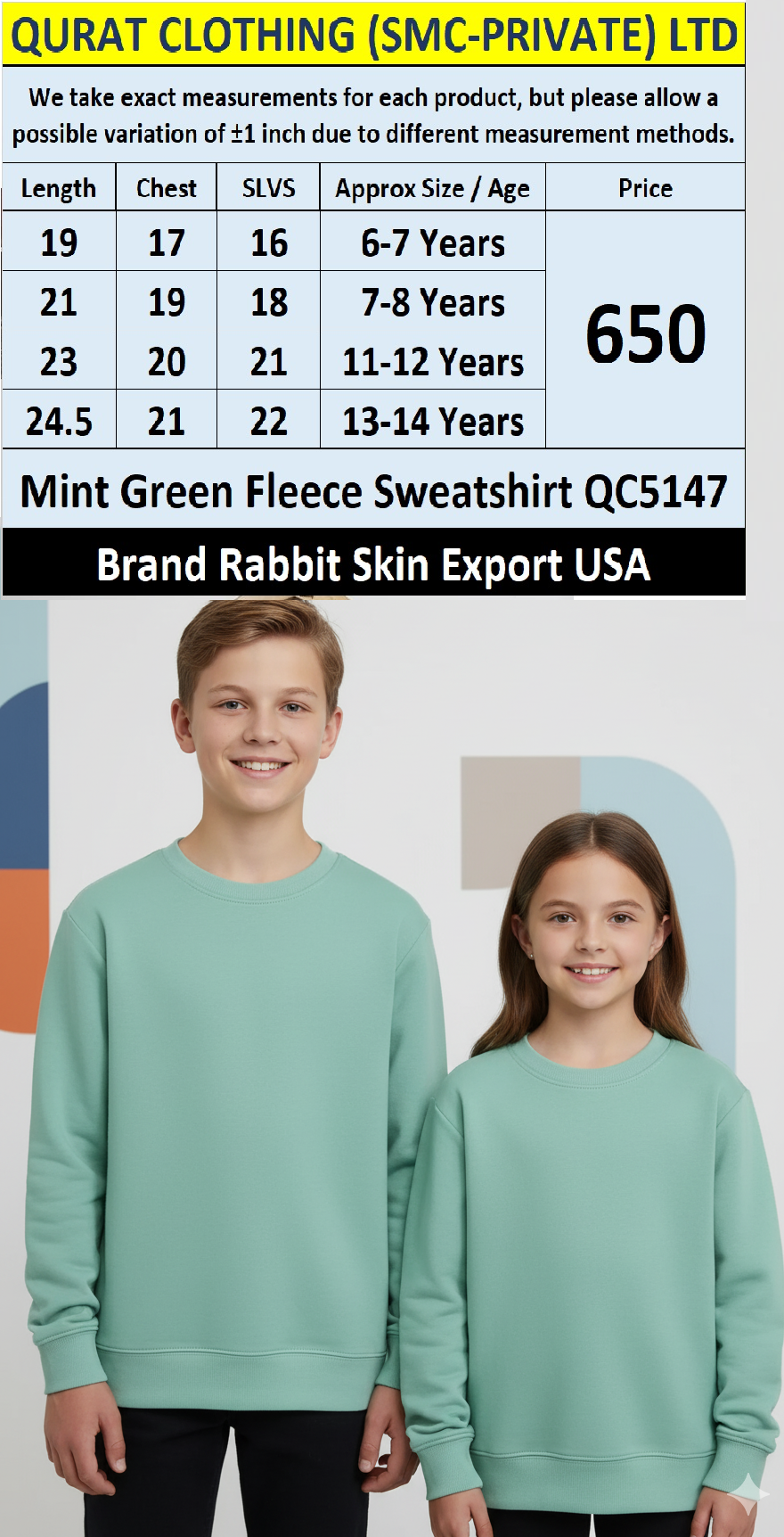 Mint Green Fleece Sweatshirt QC5147 – Brand Rabbit Skin Export USA