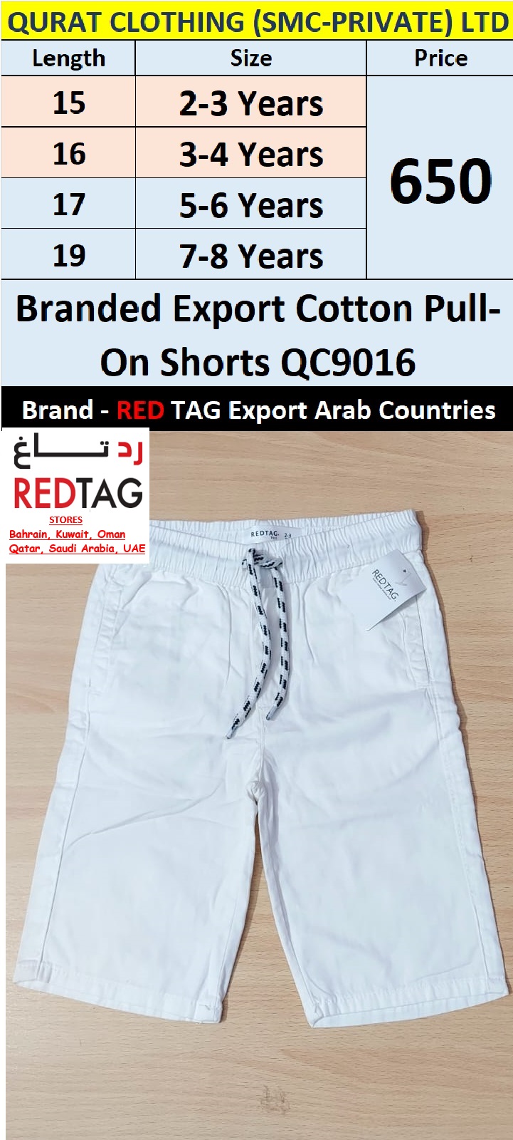 RED TAG Brand Cotton Pull-On Shorts QC9016 Export Arab Countries