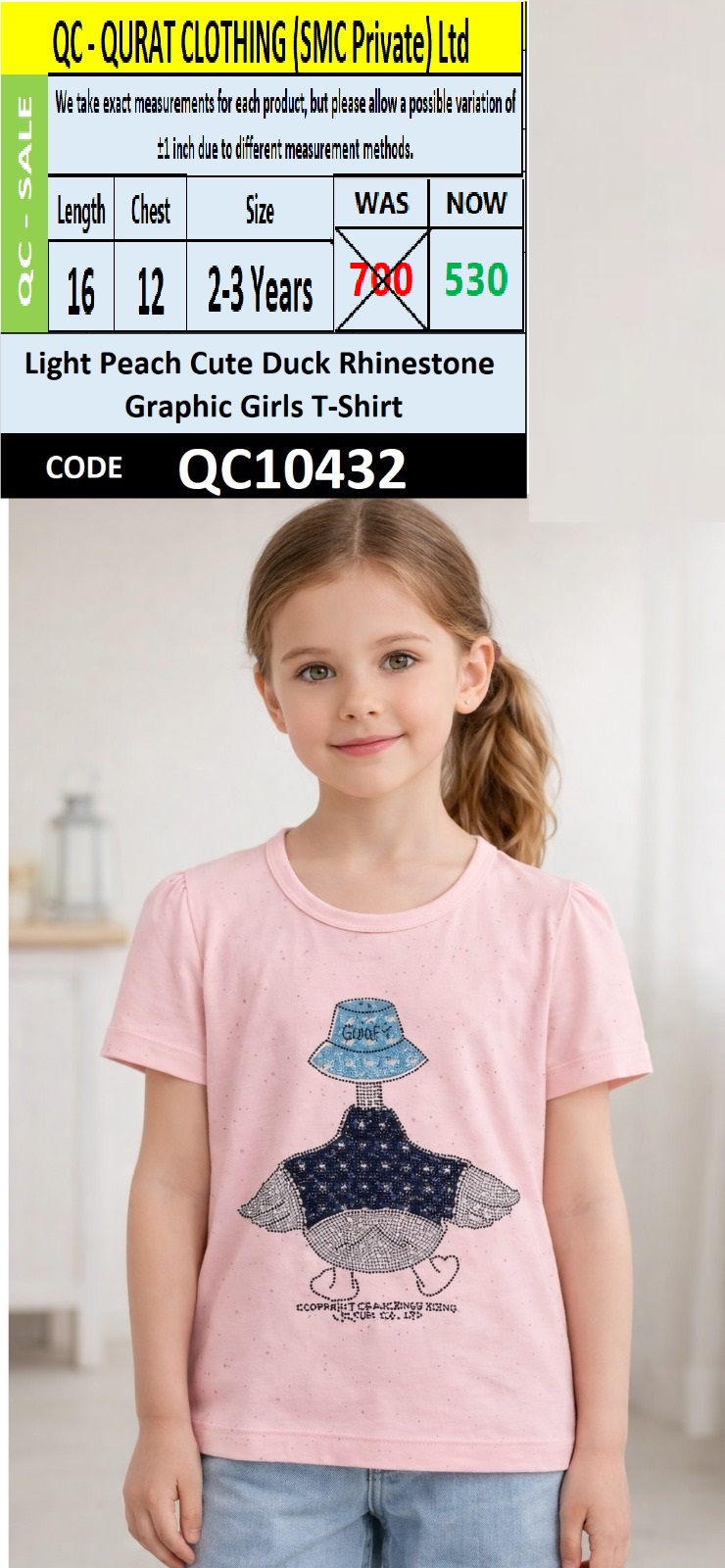 Light Peach Cute Duck Rhinestone Graphic Girls T-Shirt – QC10432