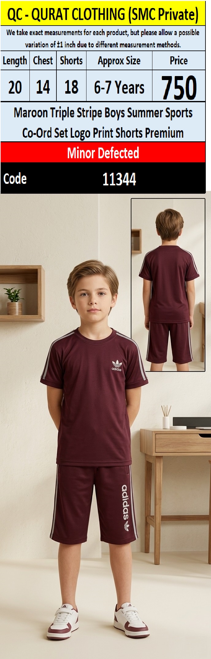 Maroon Triple Stripe Boys Summer Sports Co-Ord Set with Logo Print Shorts – QC11344 - Minor Defected