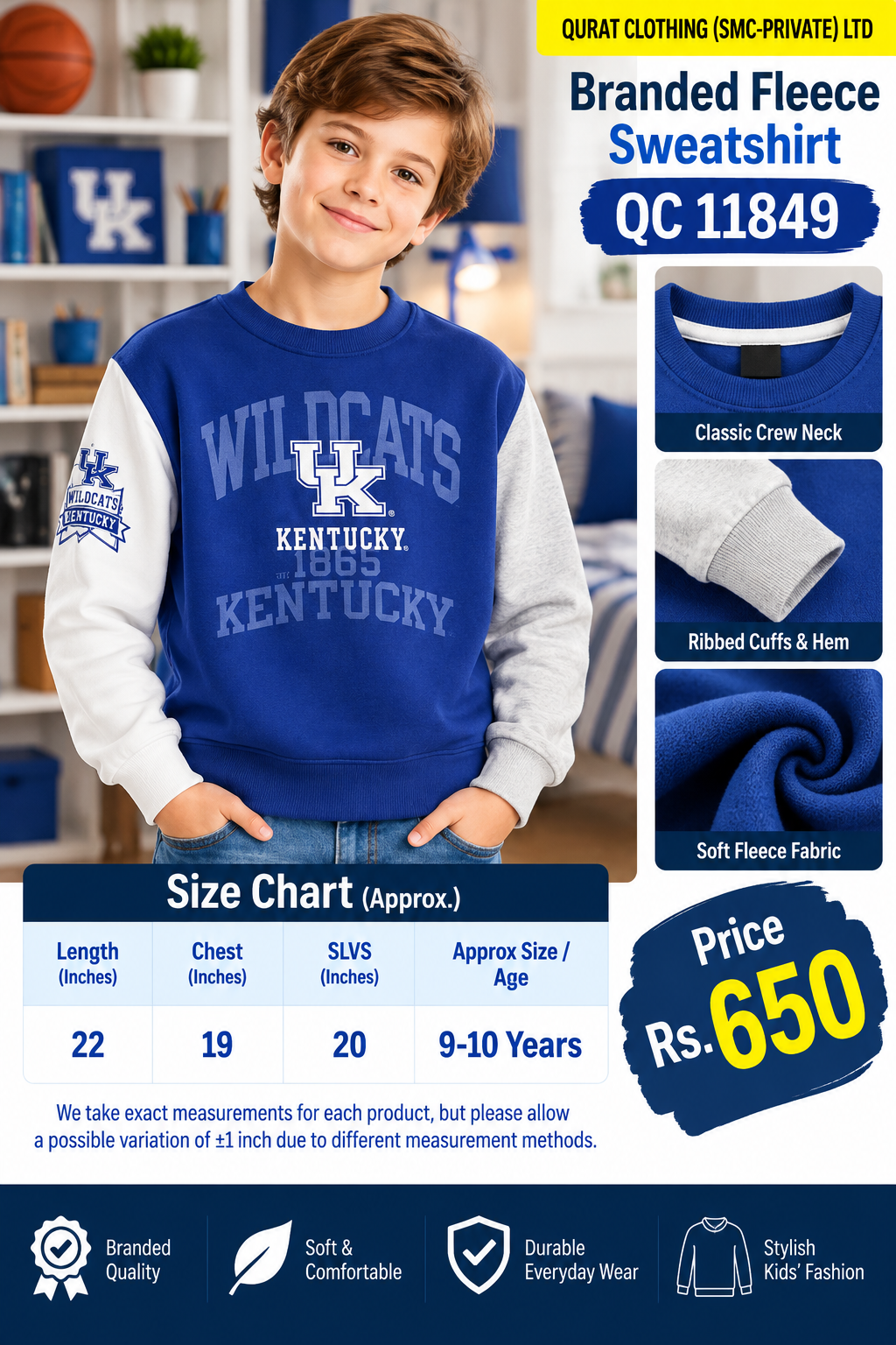 Branded royal blue and light grey fleece sweatshirt with Wildcats Kentucky graphics and contrast sleeves — QC11849