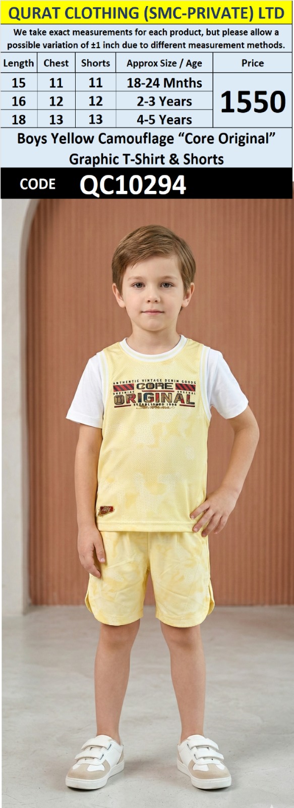 Boys Yellow Camouflage “Core Original” Graphic T-Shirt & Shorts QC10294 - QC10294