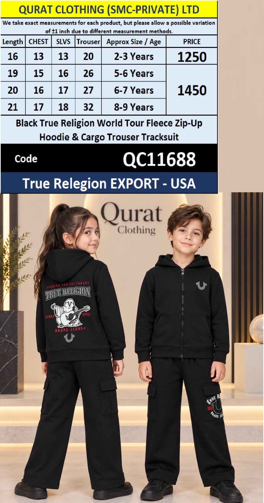 Branded Export Black True Religion World Tour Fleece Zip-Up Hoodie & Cargo Trouser Tracksuit – Export USA QC11688