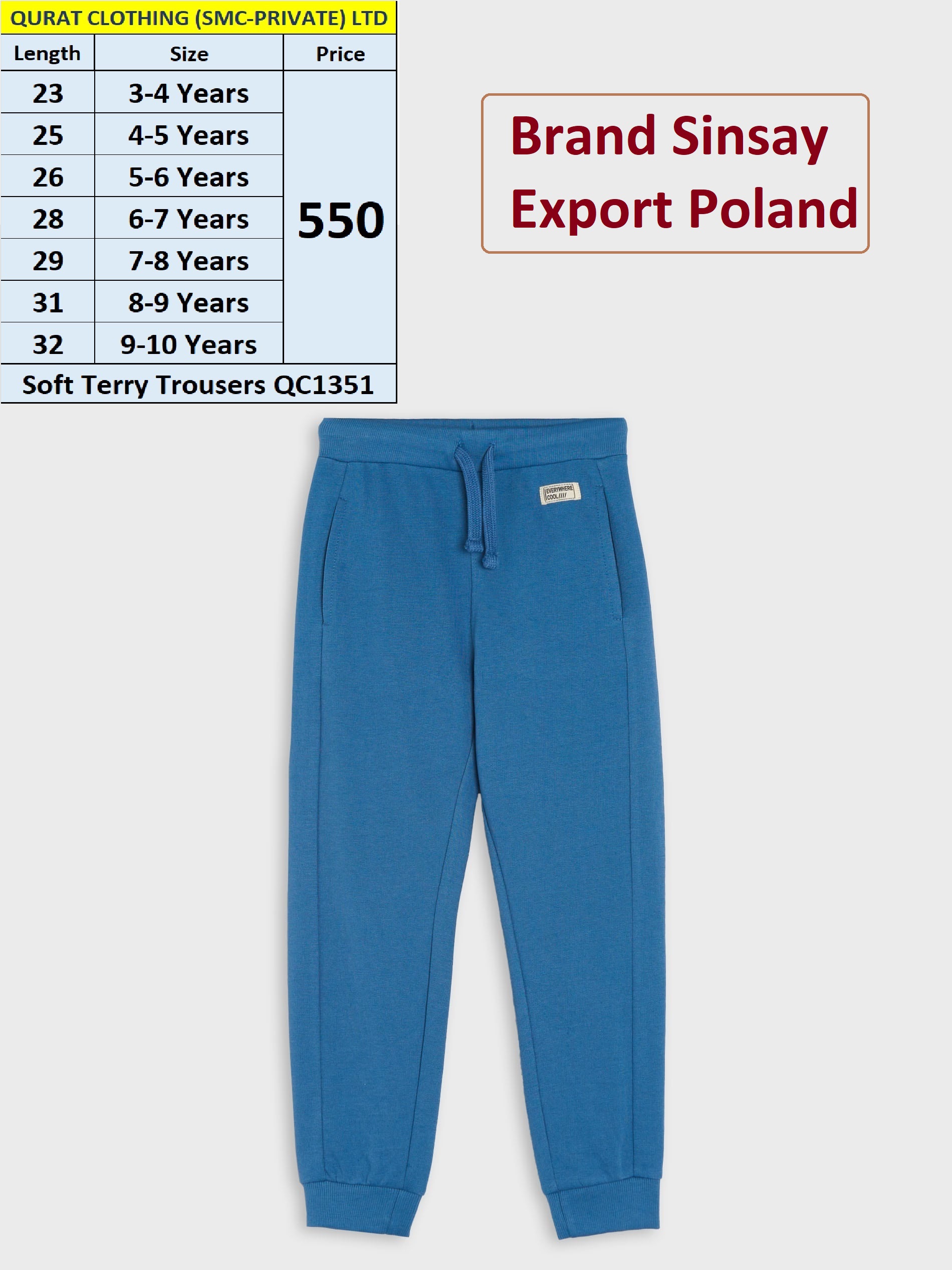 Sinsay Brand Terry Blue Trouser QC1351, Export Poland