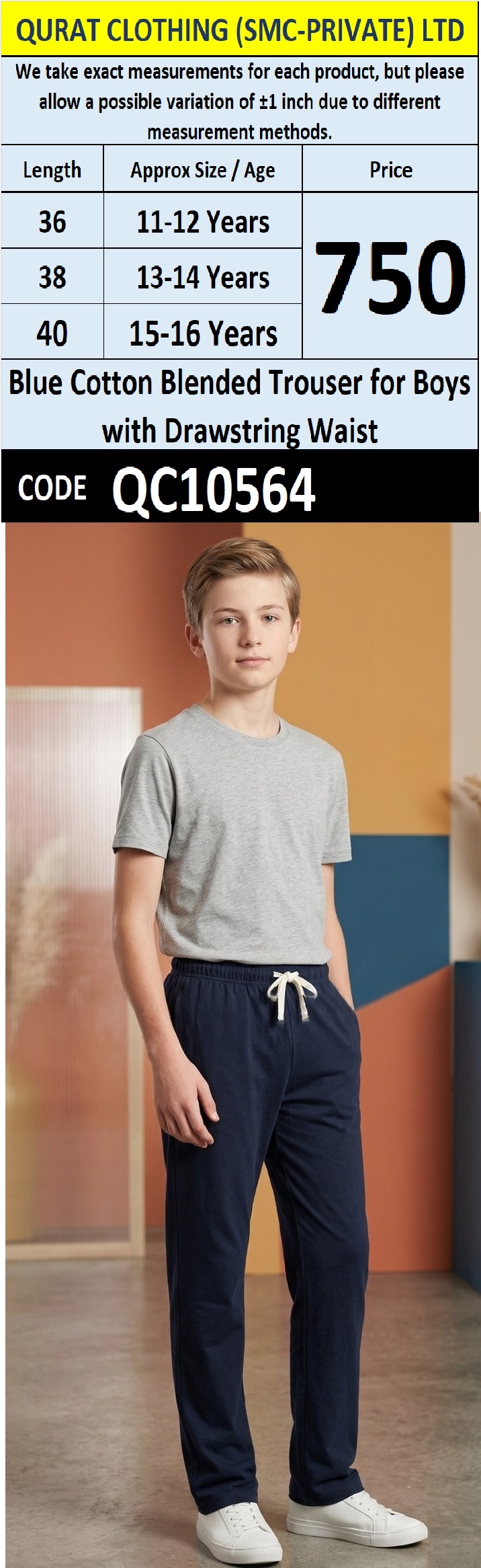Blue Cotton Blended Trouser for Boys with Drawstring Waist QC10564