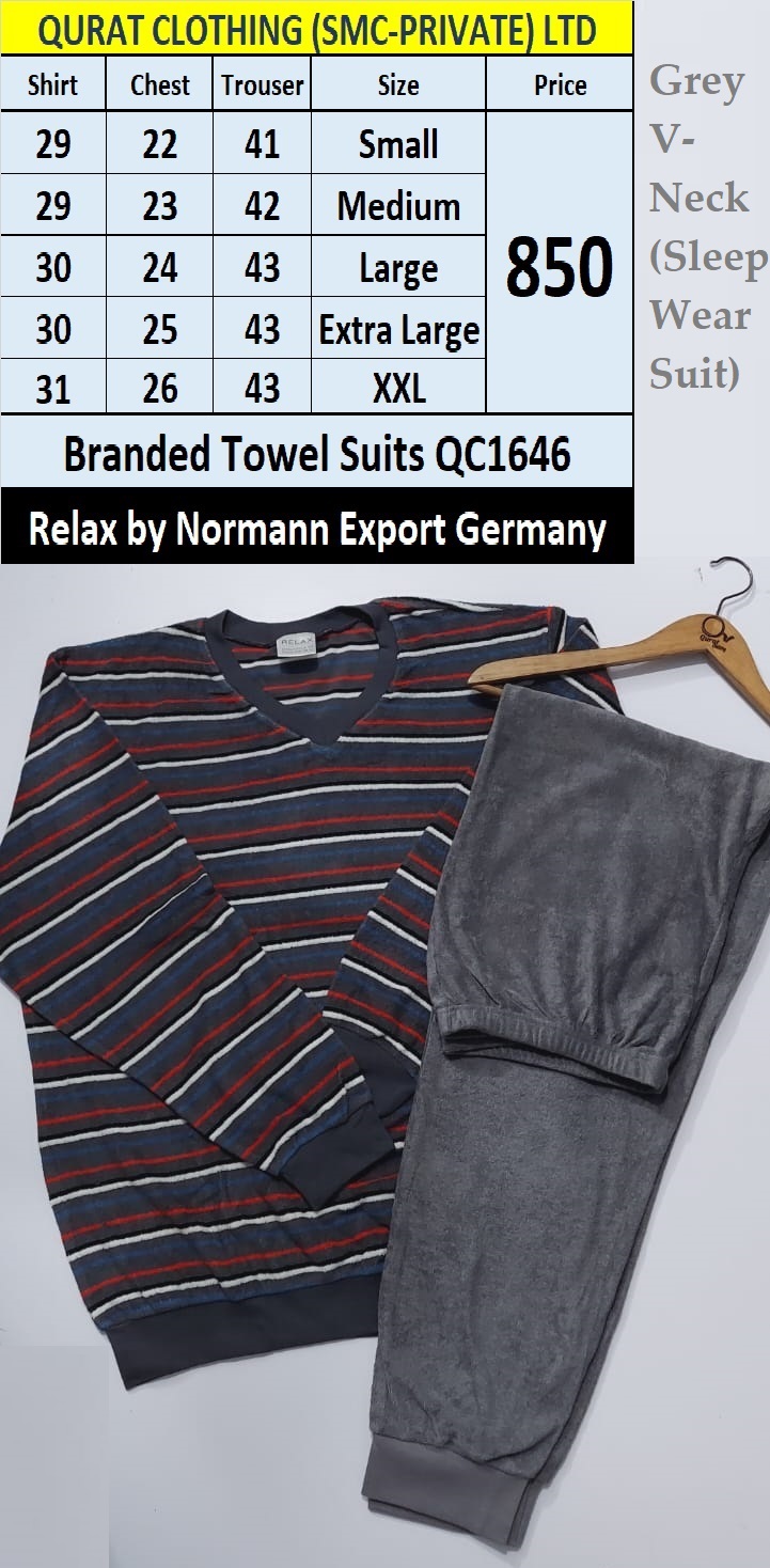 Normann by Relax Brand Grey V Neck Towel Fabric Night Wear Suit QC1646 Export Germany